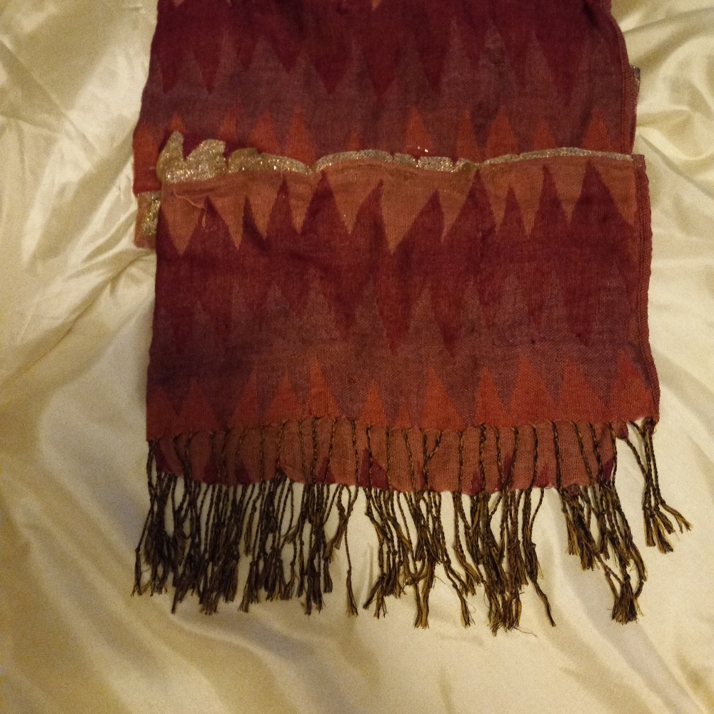 Women's s scarf. Two shades of  pink, purple, black and gold with fridges.